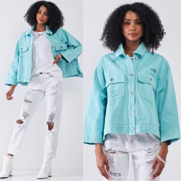 Distressed Button Down Denim Jacket - Picture 1 of 5